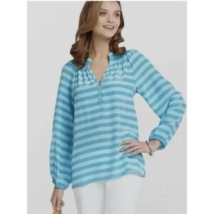 Lilly Pulitzer Elsa 100% Silk Long Sleeve Top Blue Striped Blouse Size Medium